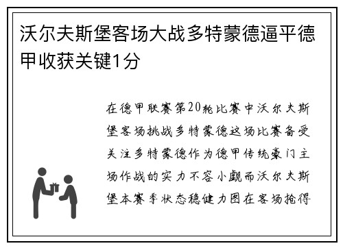 沃尔夫斯堡客场大战多特蒙德逼平德甲收获关键1分